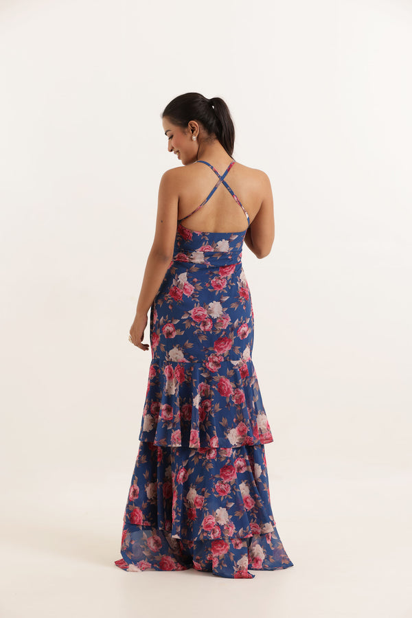 Rihana Blue Floral Printed Ruffle Long Maxi Dress Back-1