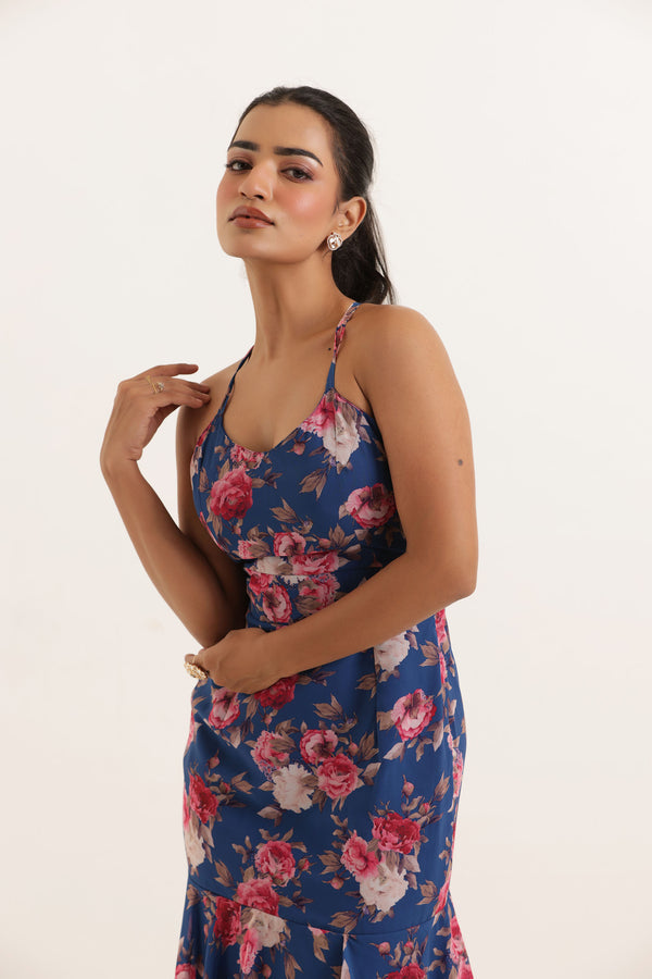 Rihana Blue Floral Printed Ruffle Long Maxi Dress Closeup-1