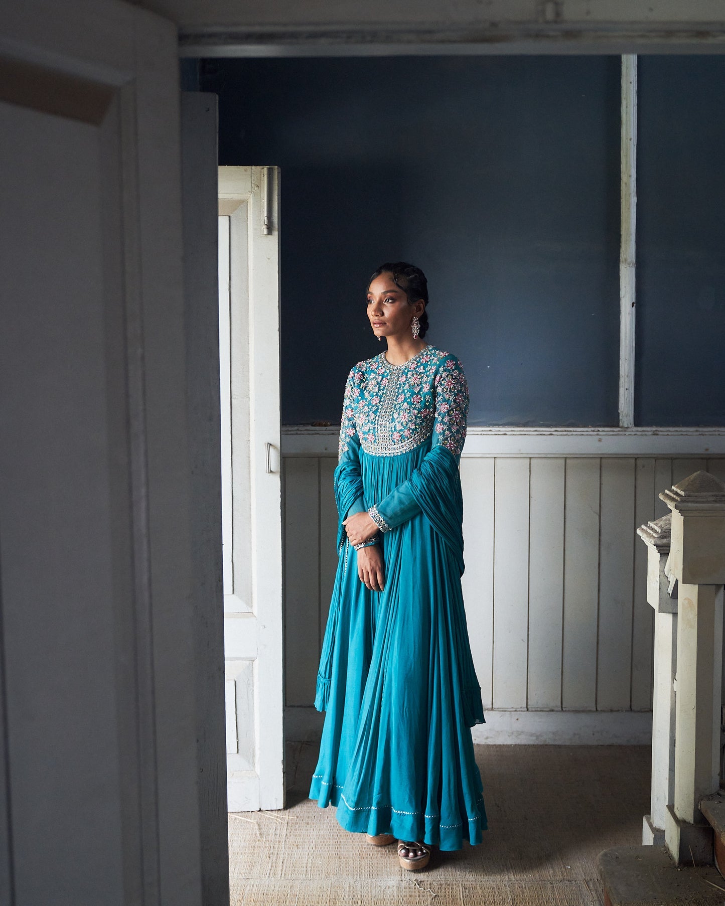 Pushp-Jade Blue Embroidered Anarkali With Dupatta