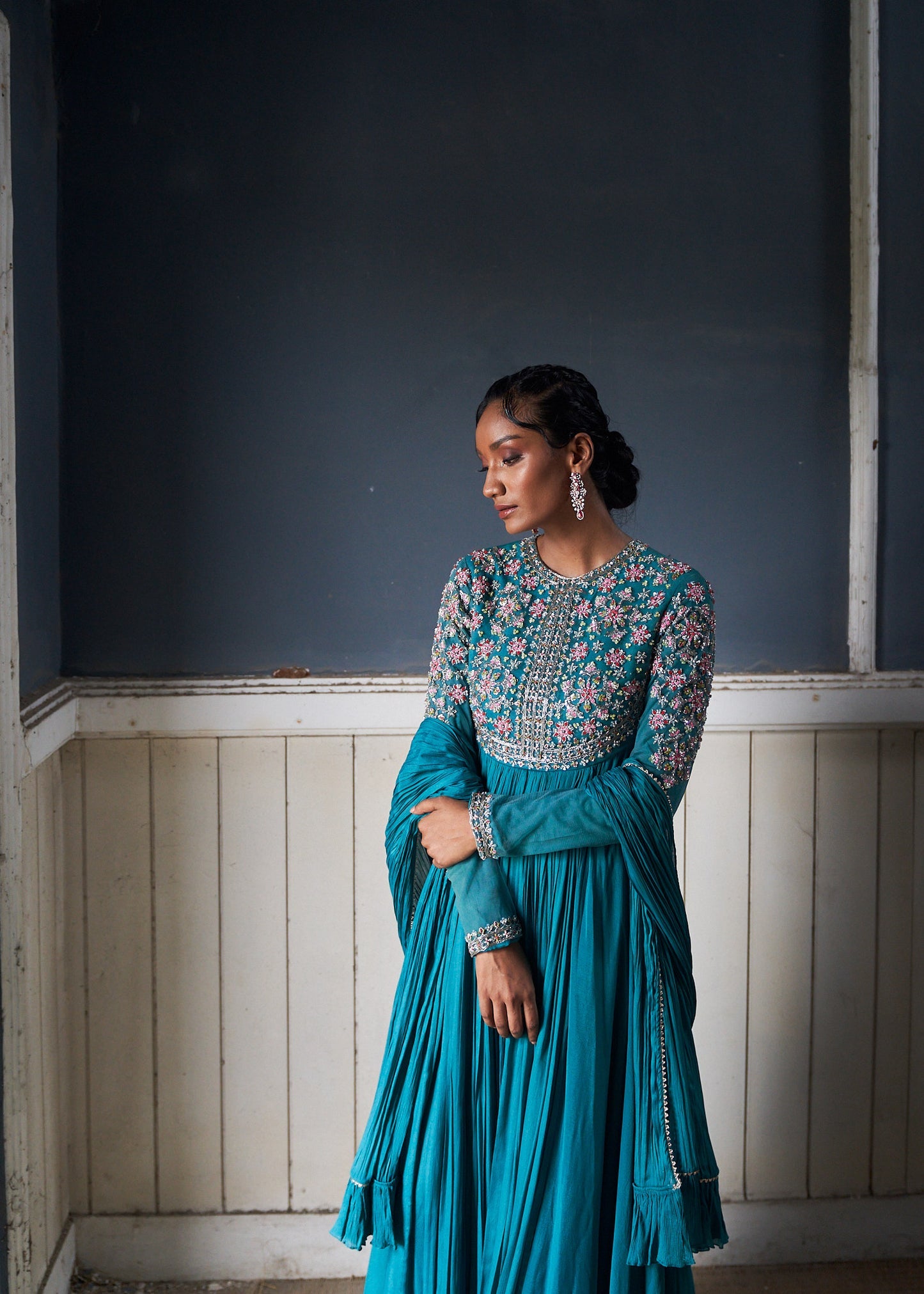Pushp-Jade Blue Embroidered Anarkali With Dupatta