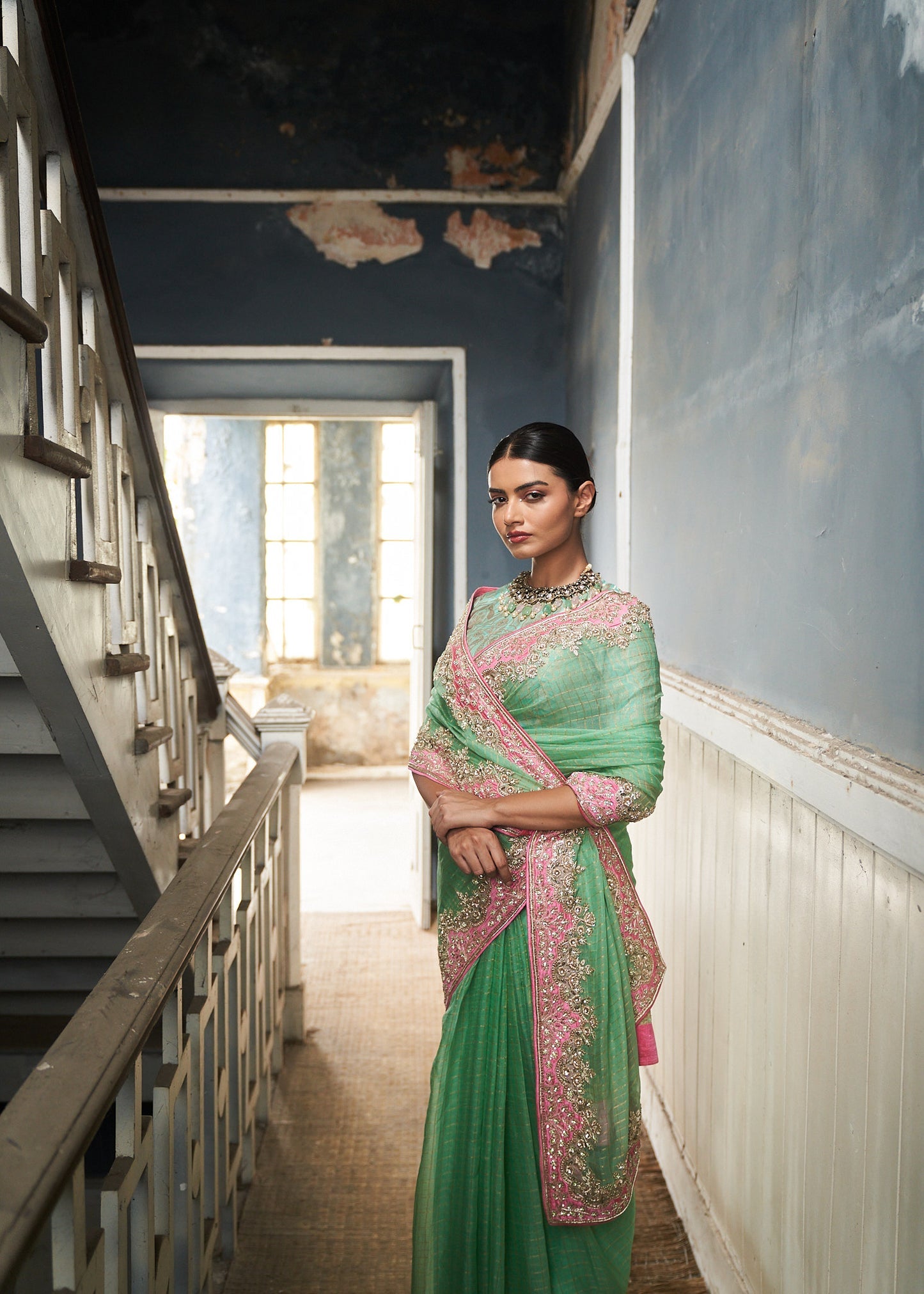 Tara -Jade Green Raw Silk Embroidered Saree With Banaras Blouse