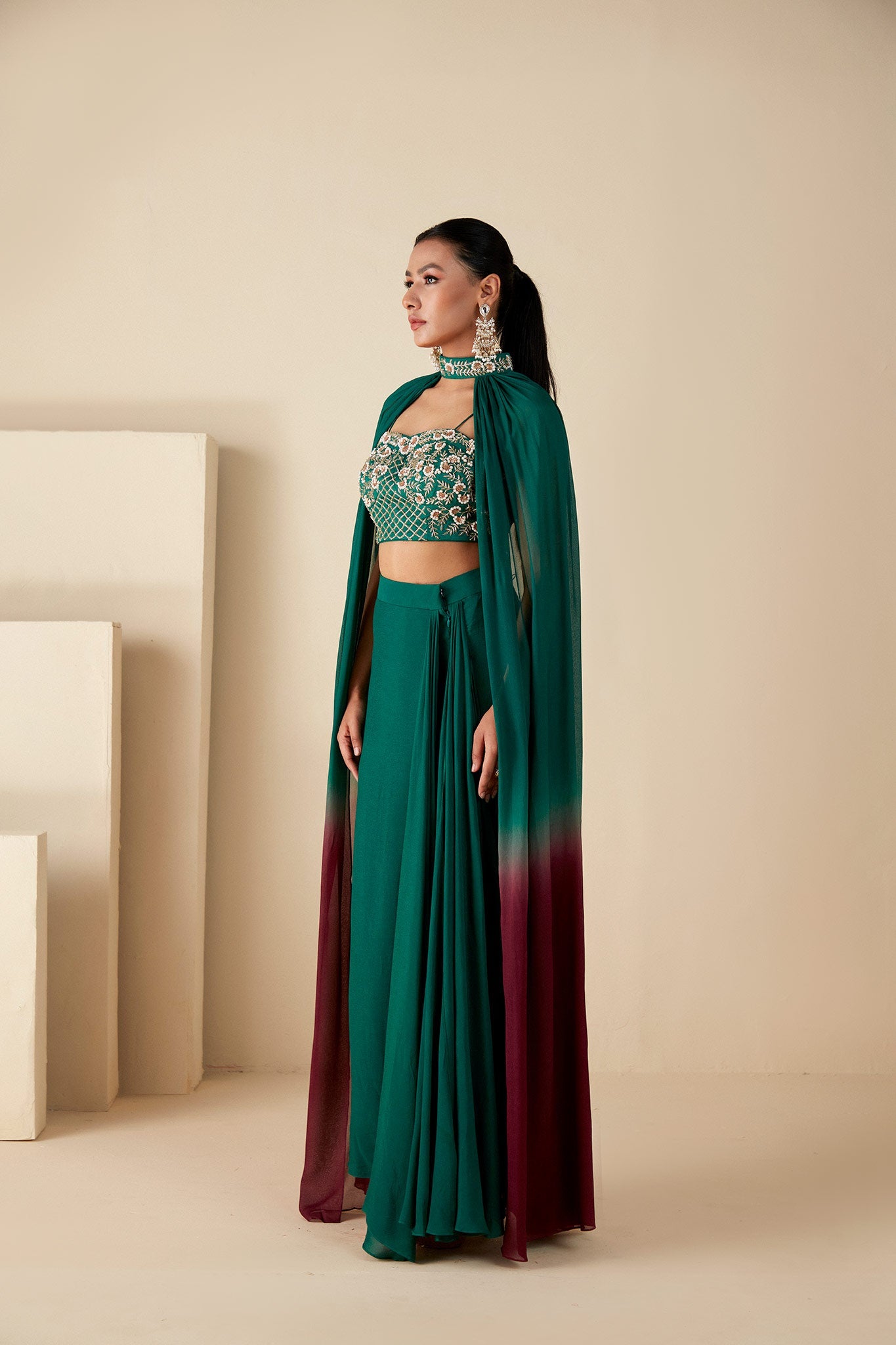Green drape skirt & Cape Set