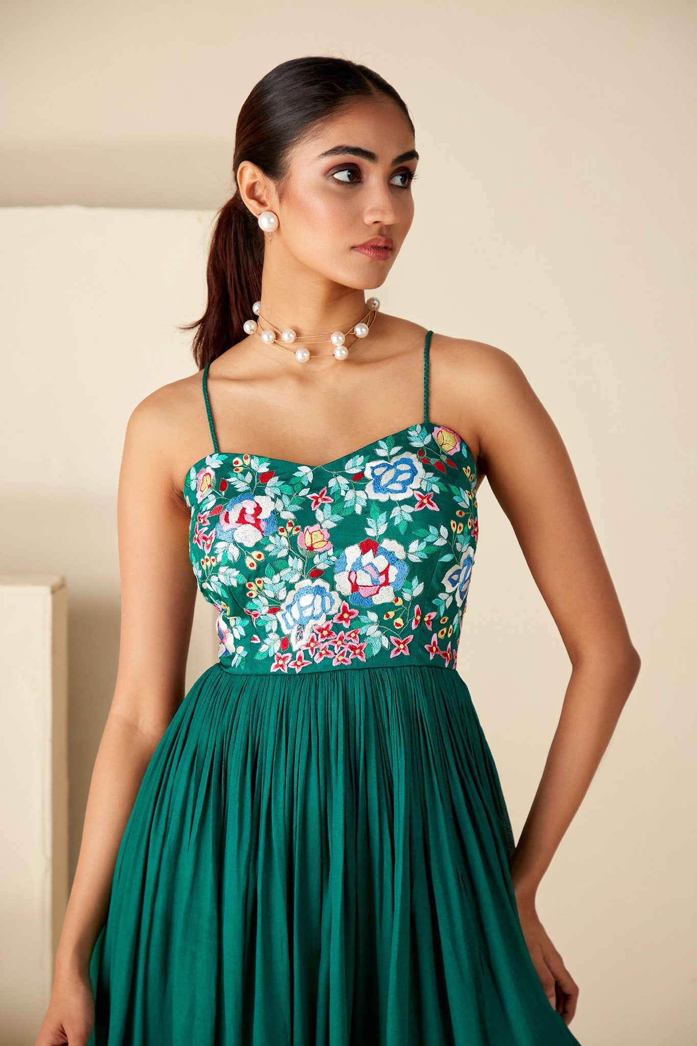 Green thread embroidered Dress