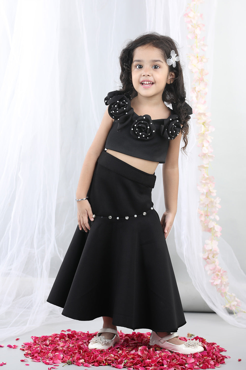 Black Fabric Flower Top With Flared Lehenga