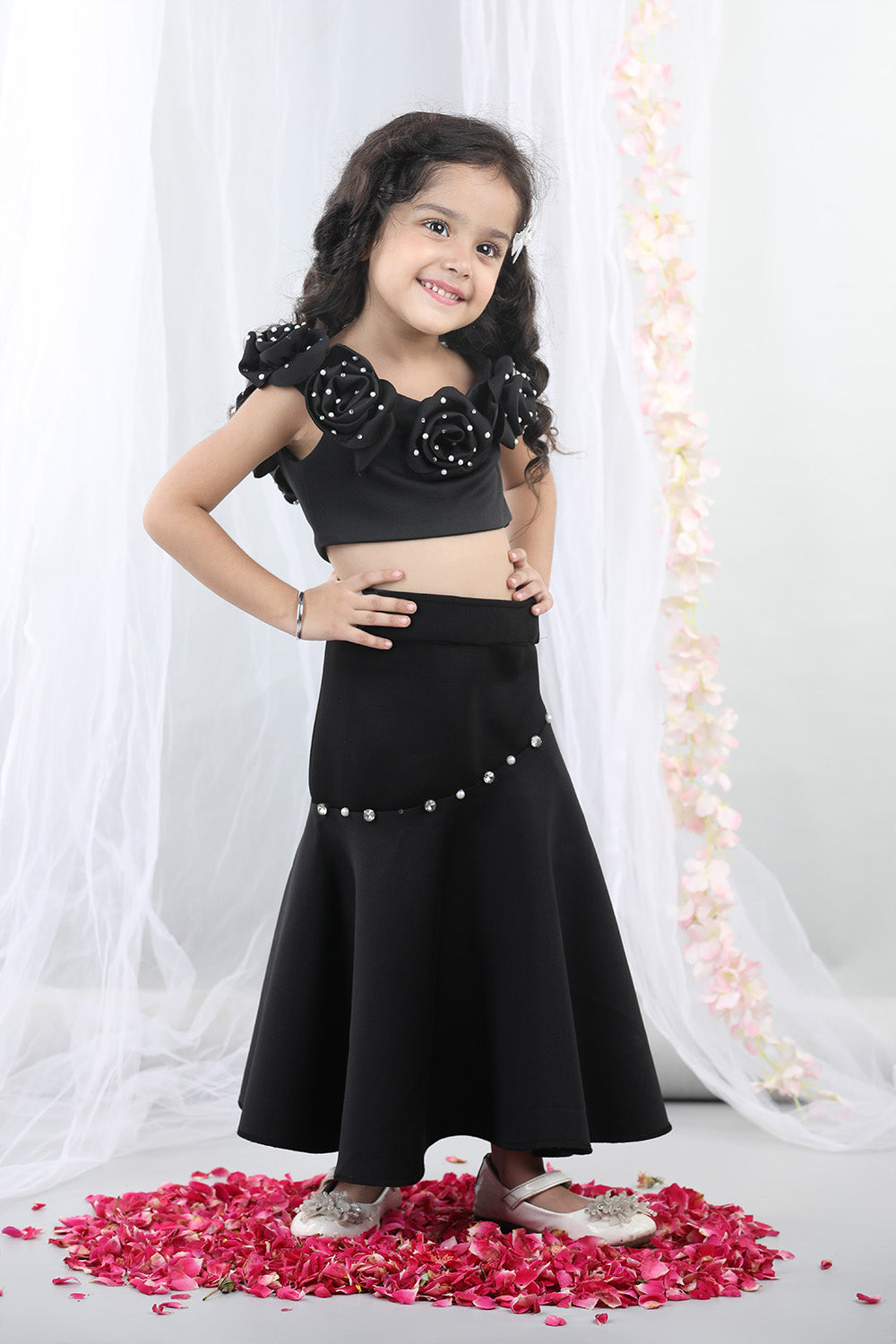 Black Fabric Flower Top With Flared Lehenga