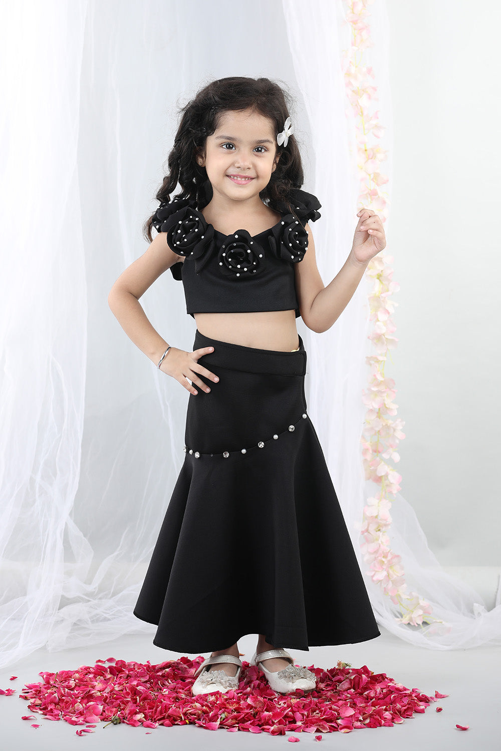 Black Fabric Flower Top With Flared Lehenga