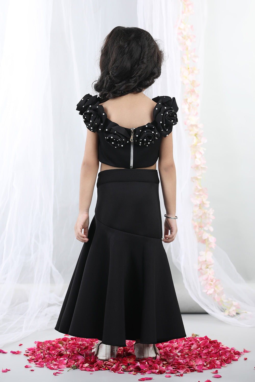 Black Fabric Flower Top With Flared Lehenga