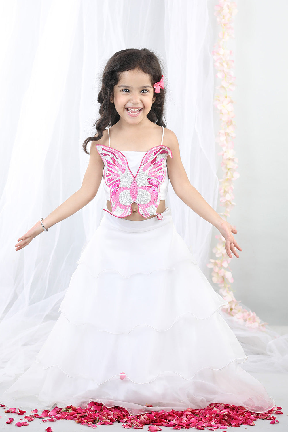 White 3D Butterfly Top With Layered Lehenga