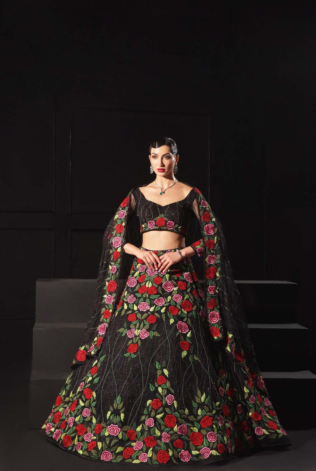 Hand Embroidered Black Lehenga