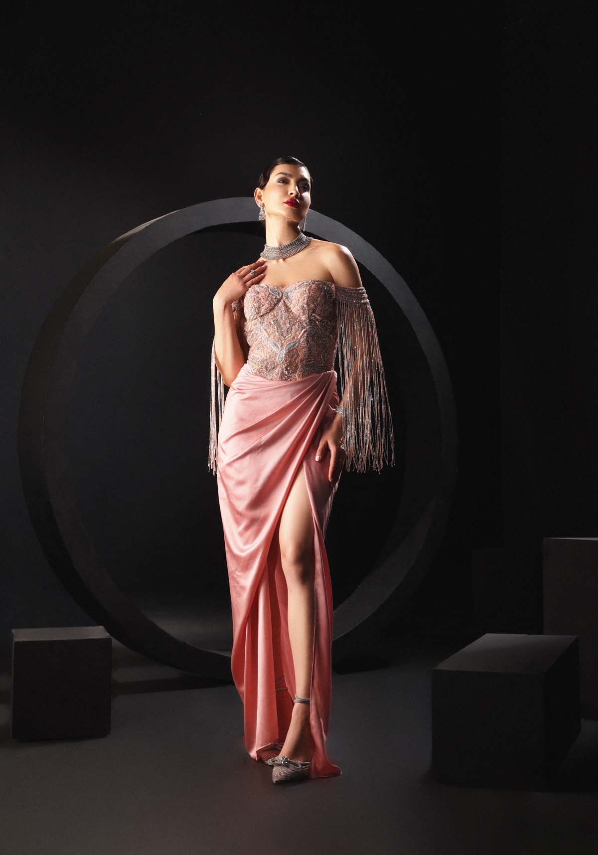 Exquisite Satin Gown with Hand-Embroidery & Tassels