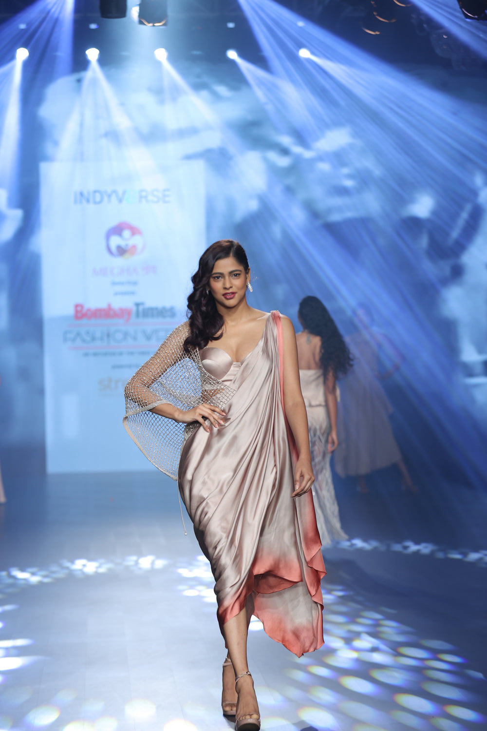mesh dress india Ombre Draped Saree Dress with a Bralette and Pearl Detailing on Mesh T