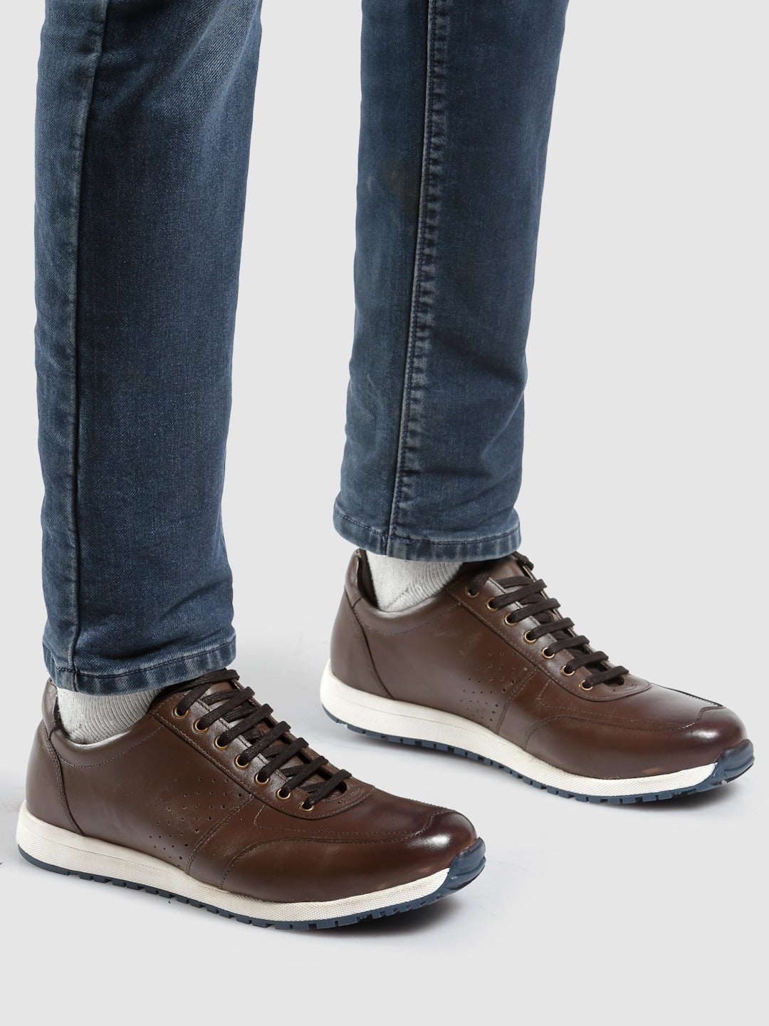 Perforated Brown Leather Sneakers