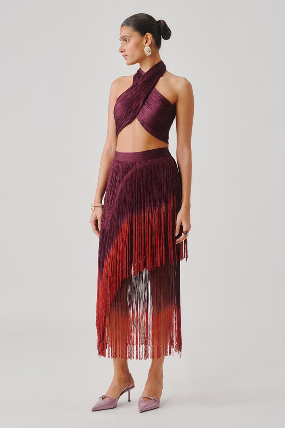 Burnt Wine Fringe Skirt