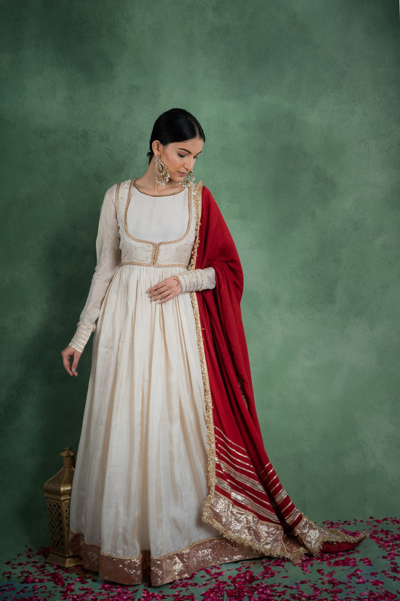 Sitaraa Anarkali Dress With Embroidered Jacket And Red Dupatta (Set Of