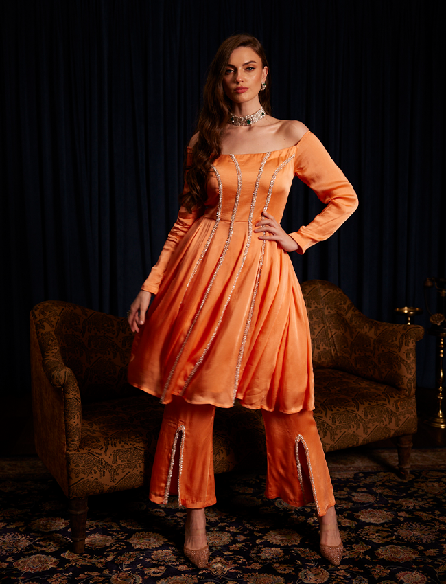 CY Saadgi Nagpal Saffron Serenity Off-Shoulder Co-Ord Set Front 1