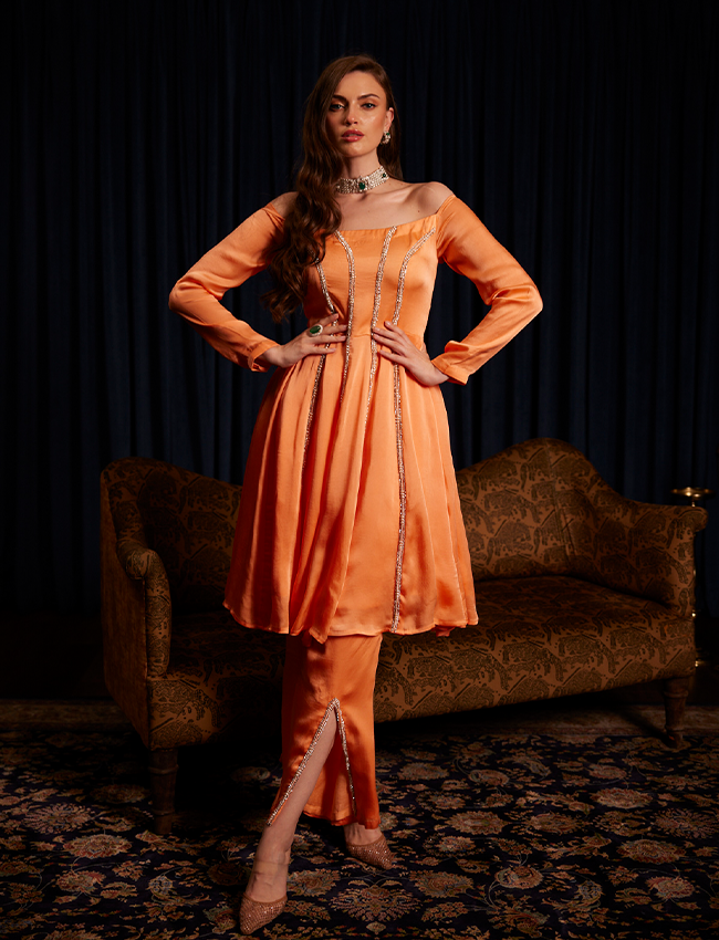 CY Saadgi Nagpal Saffron Serenity Off-Shoulder Co-Ord Set Front 2