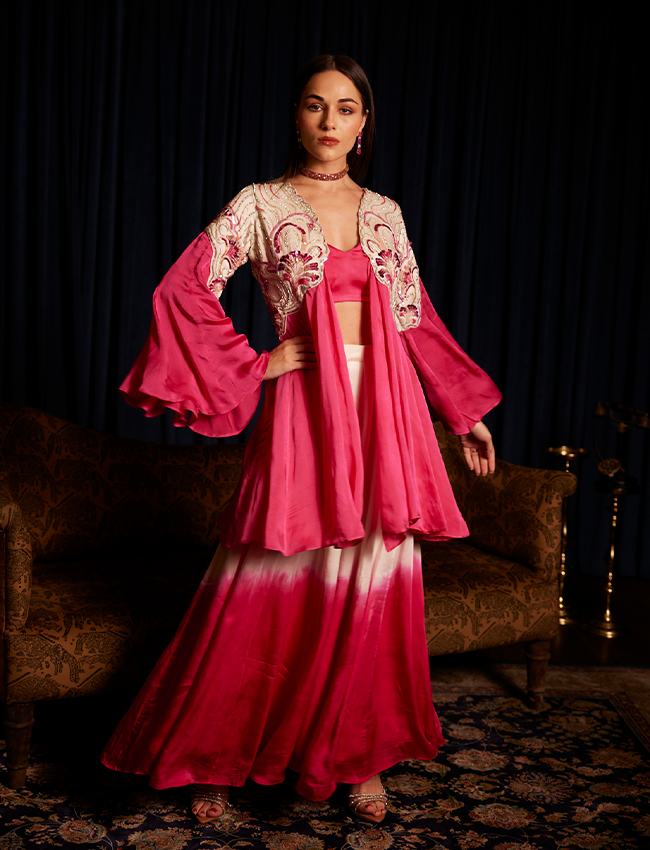 CY Saadgi Nagpal Wavecreast Magenta Cape Set Front 1