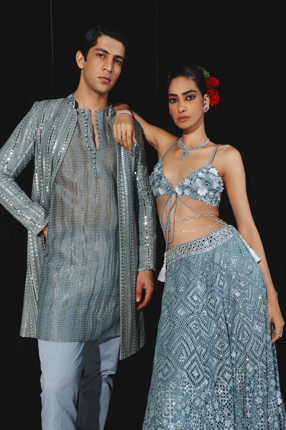 POWDER BLUE GEOMETRICAL MIRROR WORK JACKET WITH BANARASI TISSUE KURTA & PANTS
