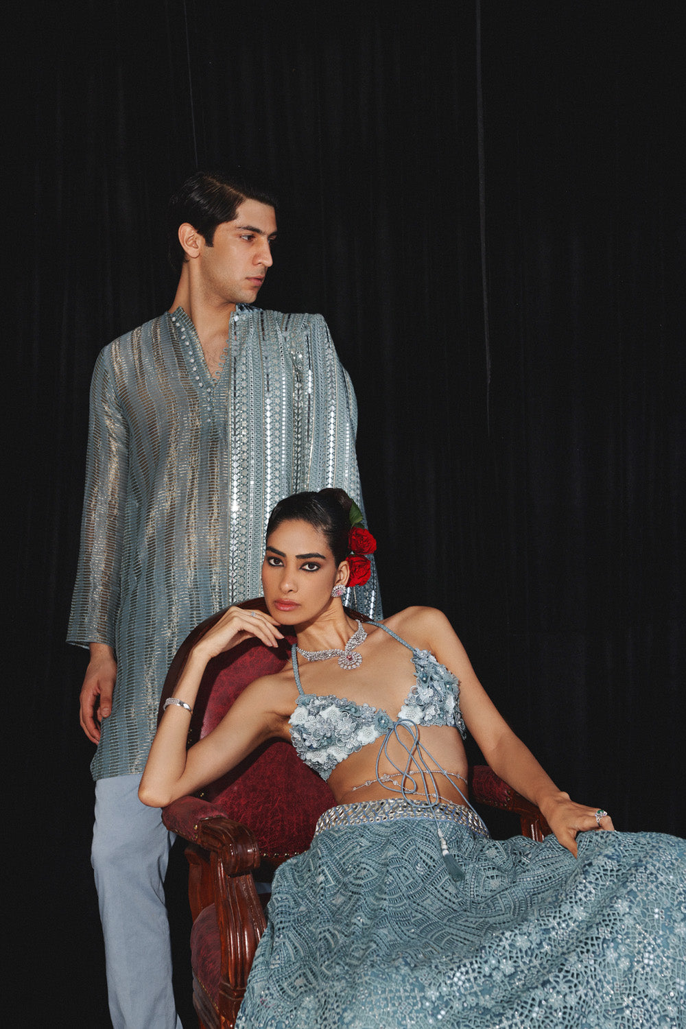 POWDER BLUE GEOMETRICAL MIRROR WORK JACKET WITH BANARASI TISSUE KURTA & PANTS