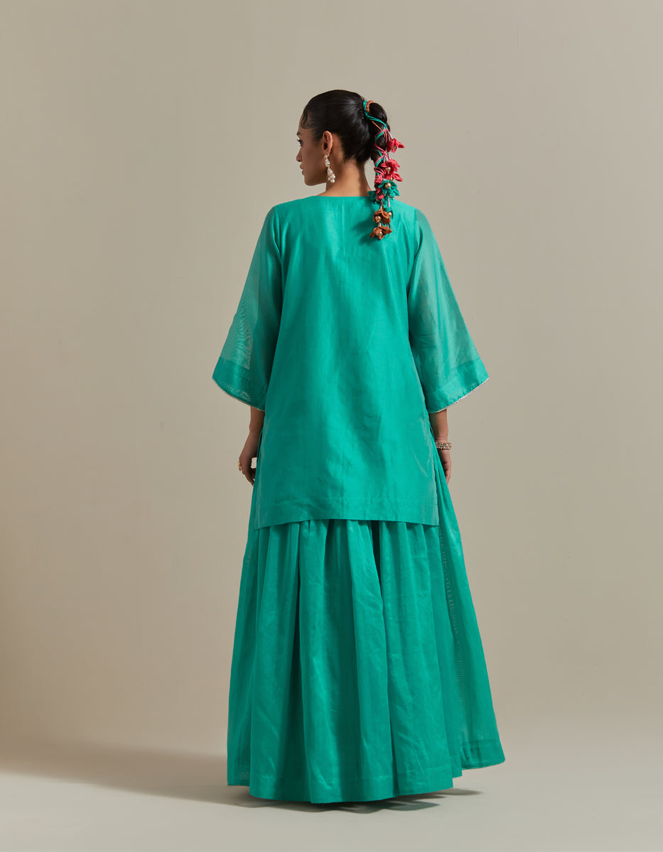CY Vinusto Aqua Green Embroidered Short Kurti & Skirt Back 1