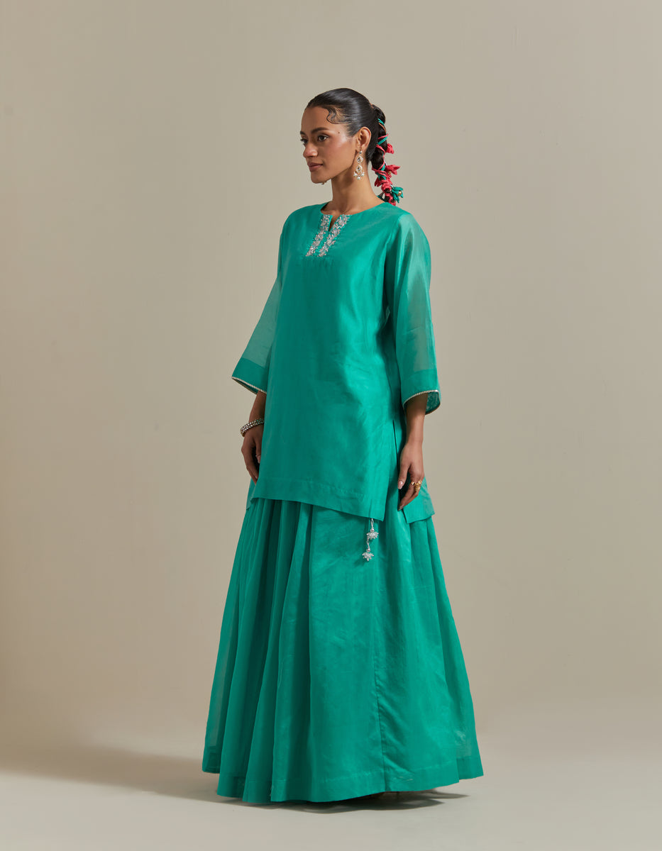 CY Vinusto Aqua Green Embroidered Short Kurti & Skirt Front 2