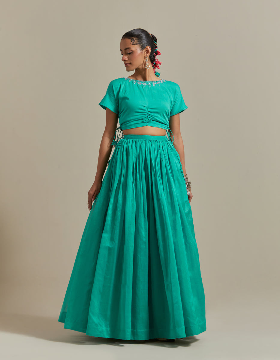 CY Vinusto Aqua Green Embroidered Crop Top With Skirt Front 2