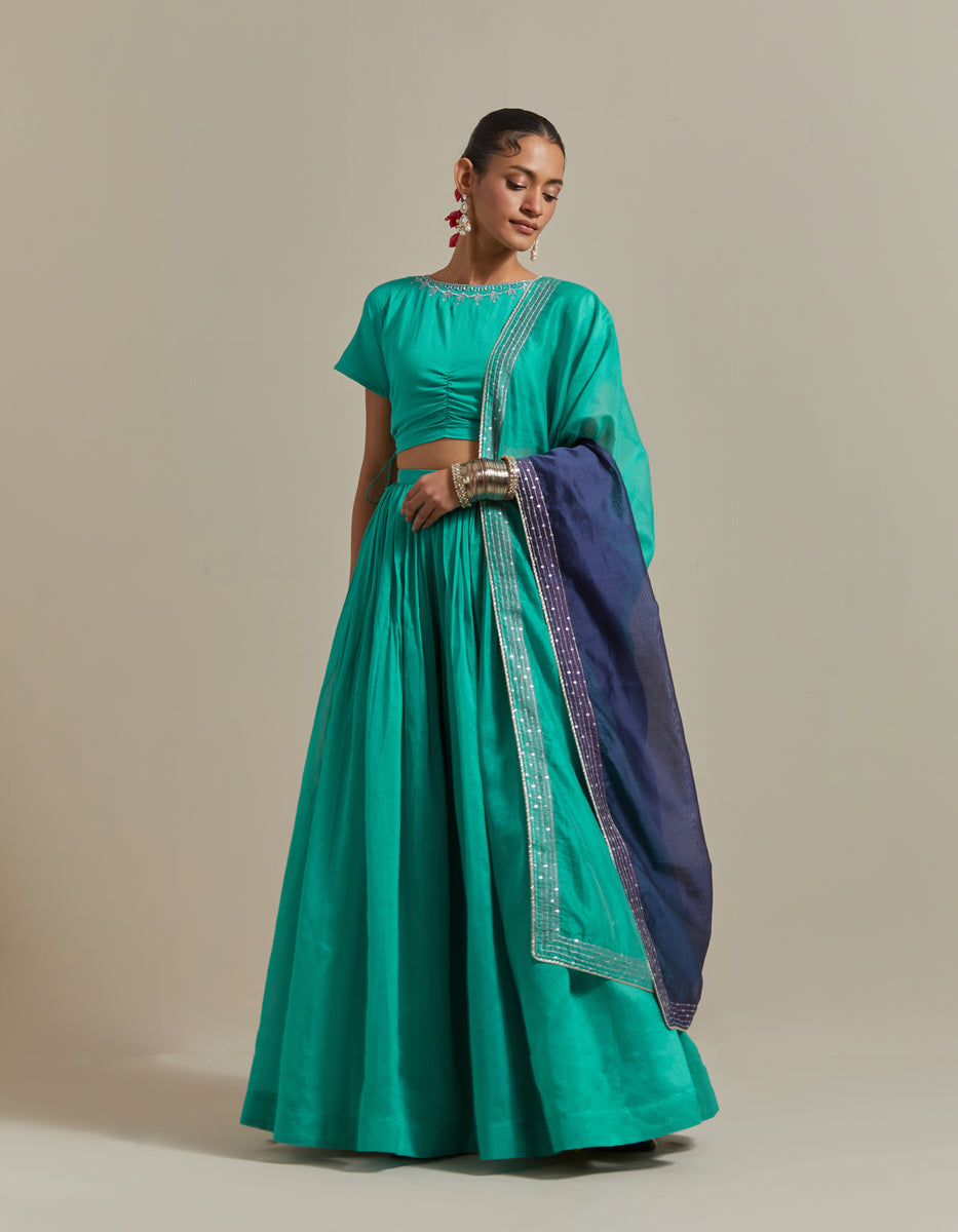 CY Vinusto Aqua Green Embroidered Crop Top With Skirt Front 1