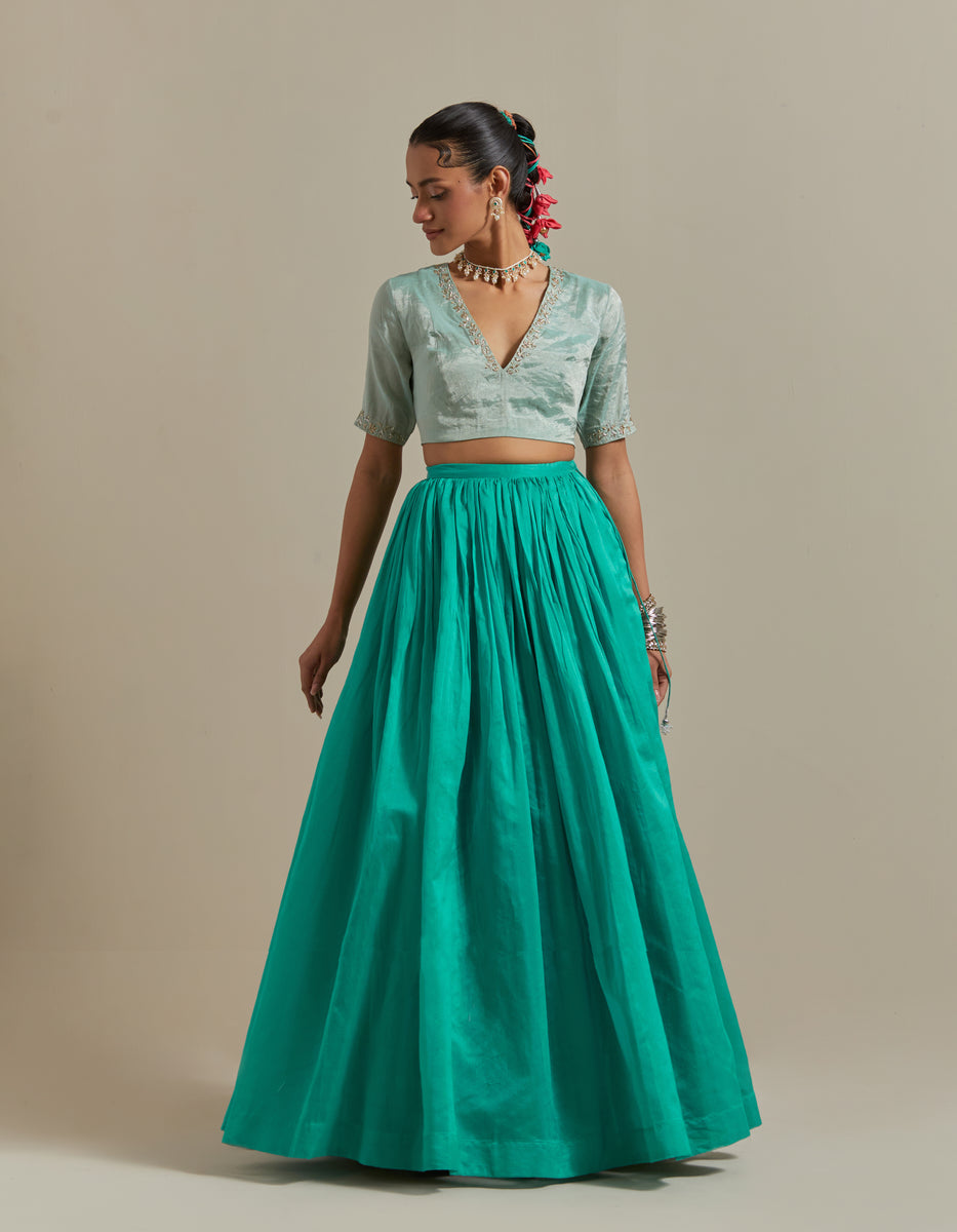 CY Vinusto Aqua Green Chanderi Skirt Set Front 2