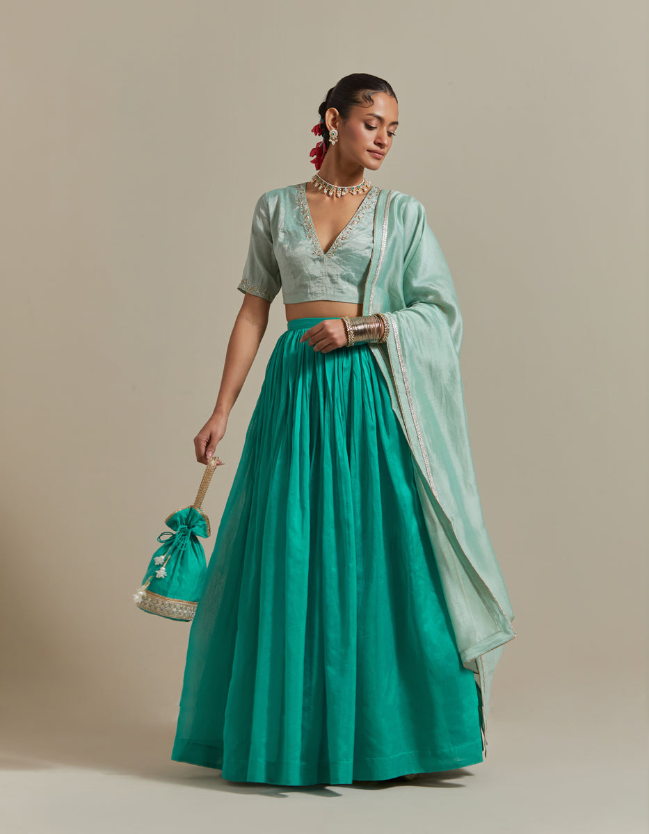 CY Vinusto Aqua Green Chanderi Skirt Set Front 1