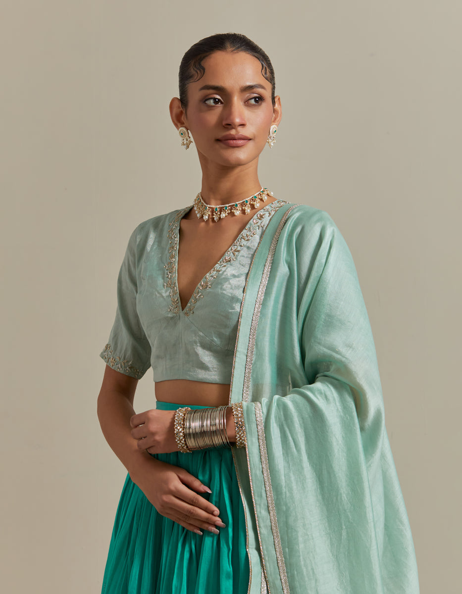 CY Vinusto Aqua Green Chanderi Skirt Set Closeup 1