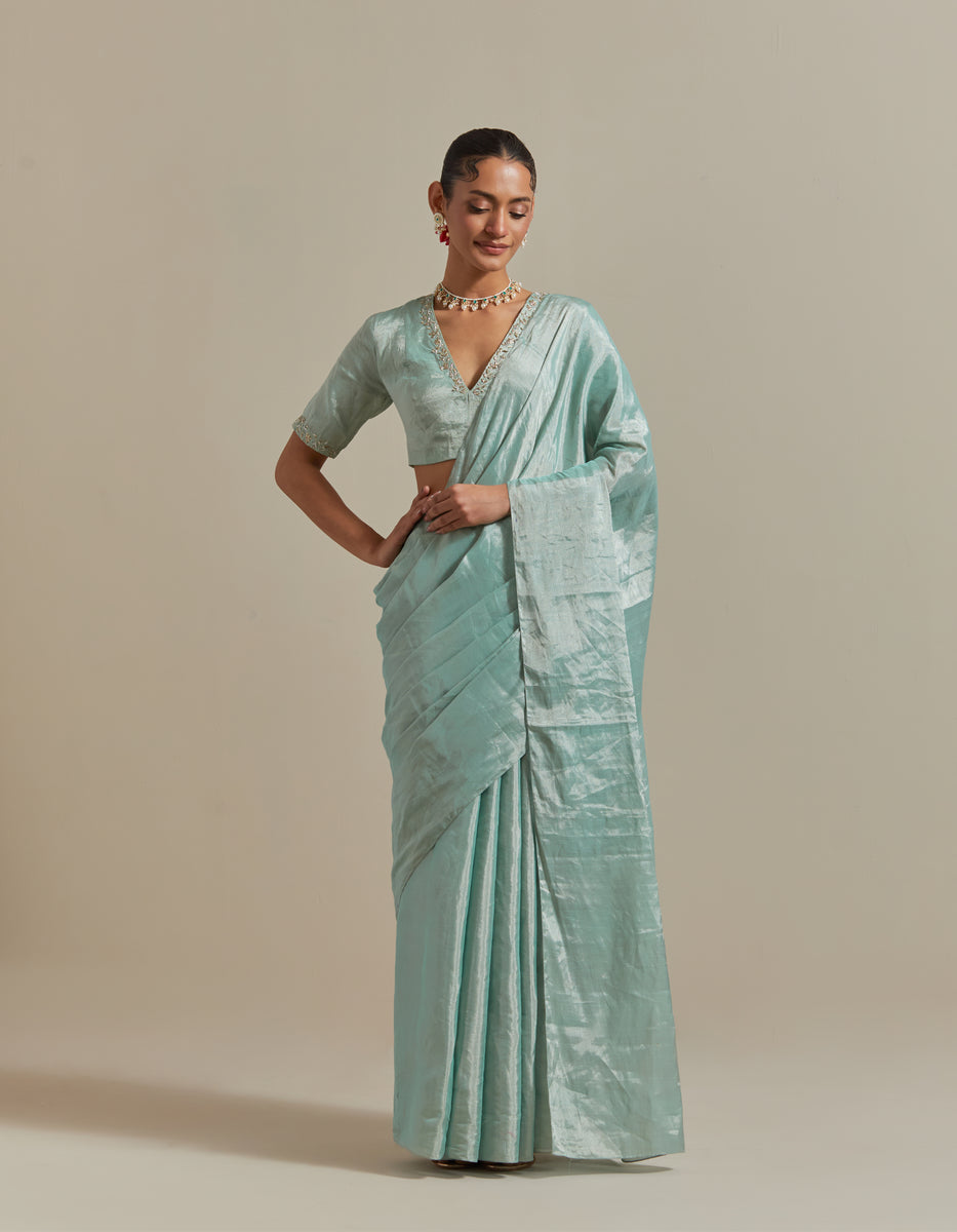 CY Vinusto Mint Zari Silk Saree Set Front 1