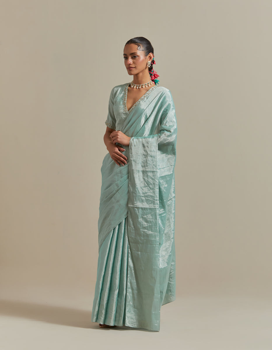 CY Vinusto Mint Zari Silk Saree Set Front 2
