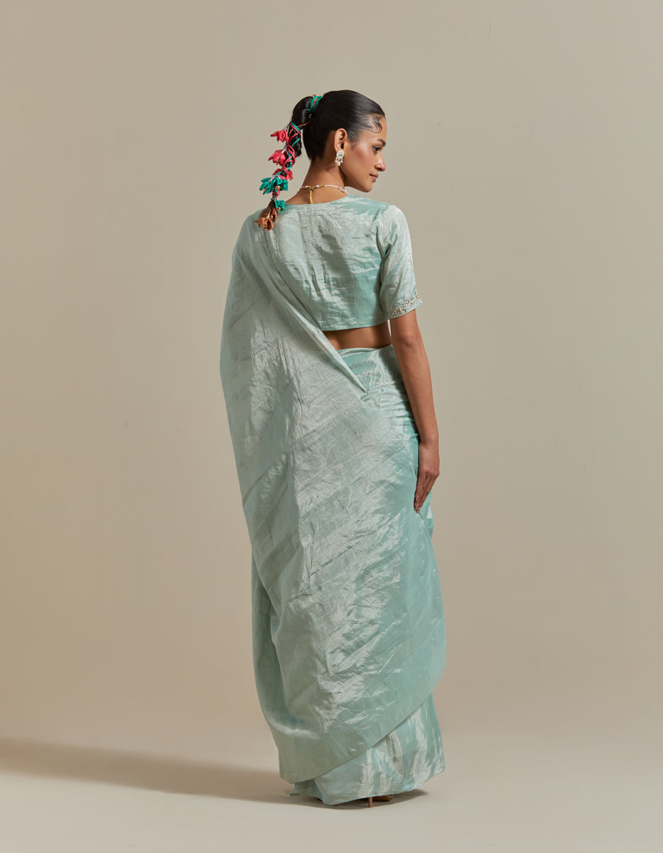 CY Vinusto Mint Zari Silk Saree Set Back 1