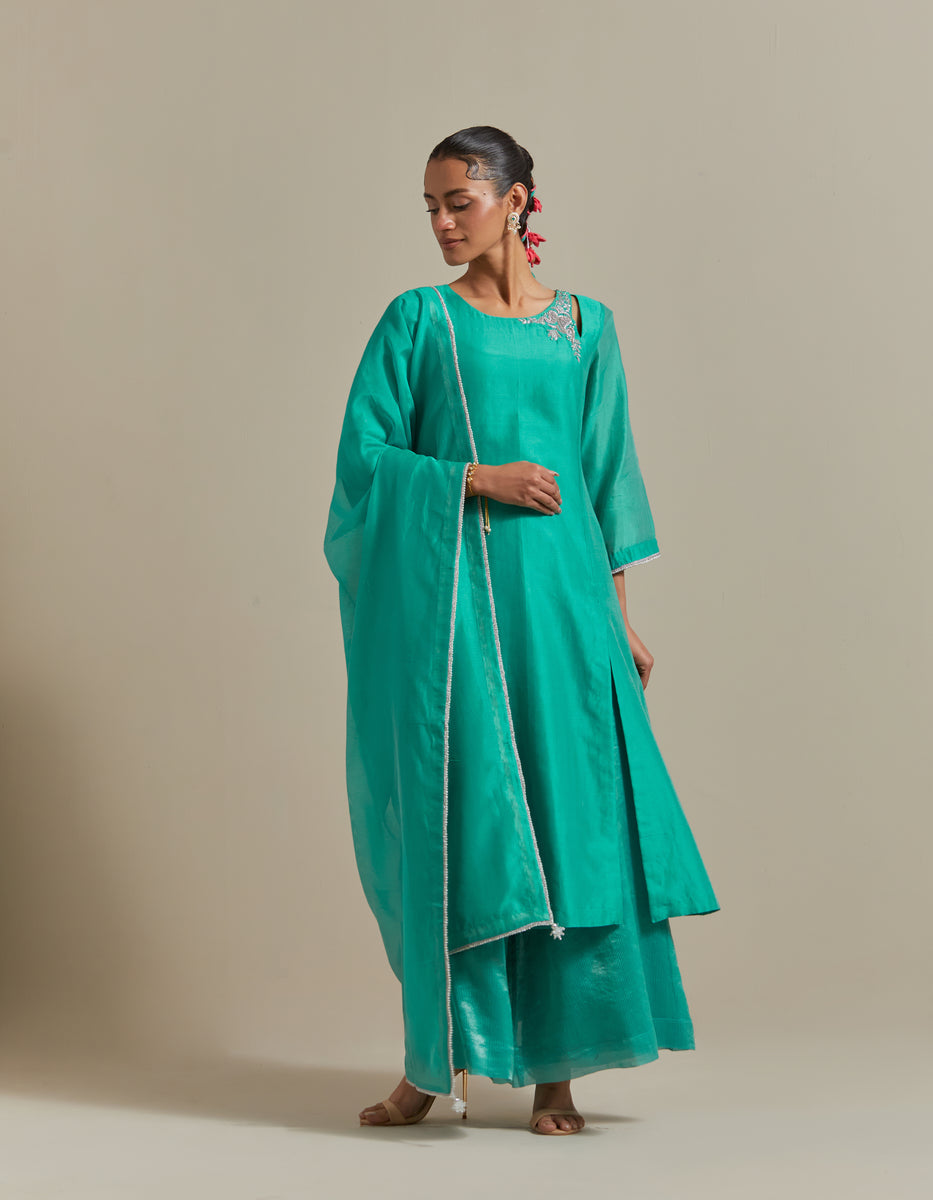 CY Vinusto Aqua Green A-line Kurta With Palazzo Front 1