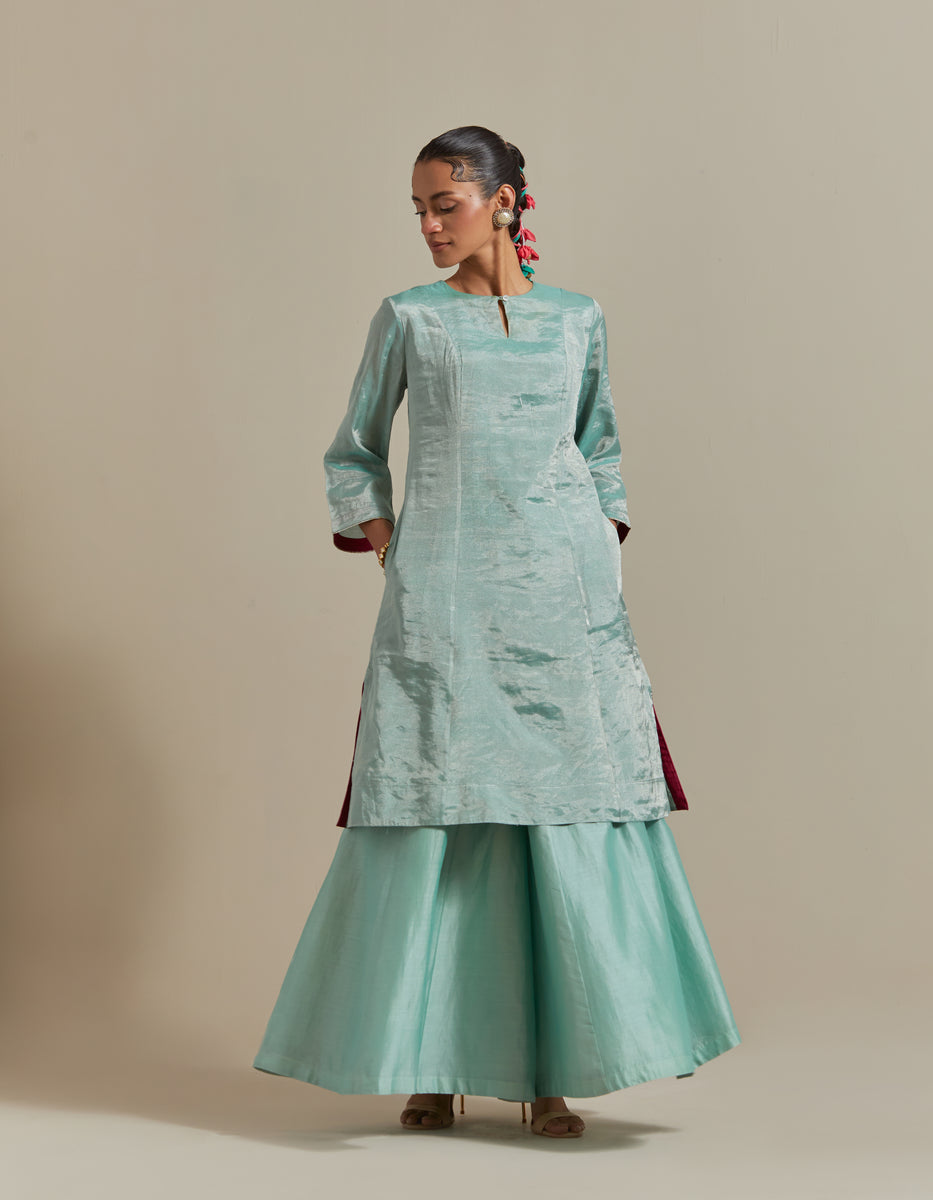 CY Vinusto Mint Zari Silk Kurta With Chanderi Palazzo Front 2