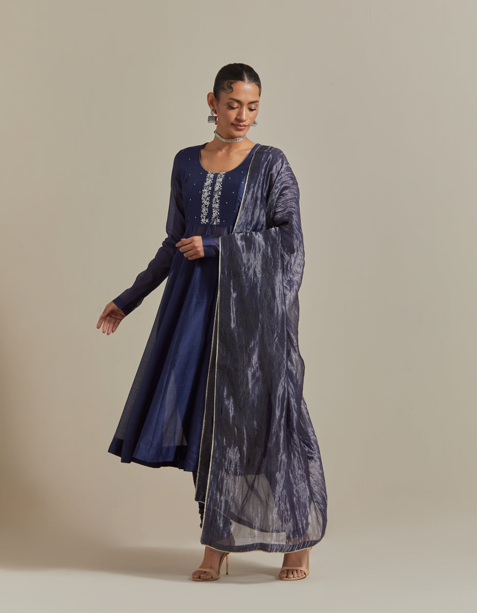 CY Vinusto Embroidered Blue Chanderi Anarkali Set Front 1