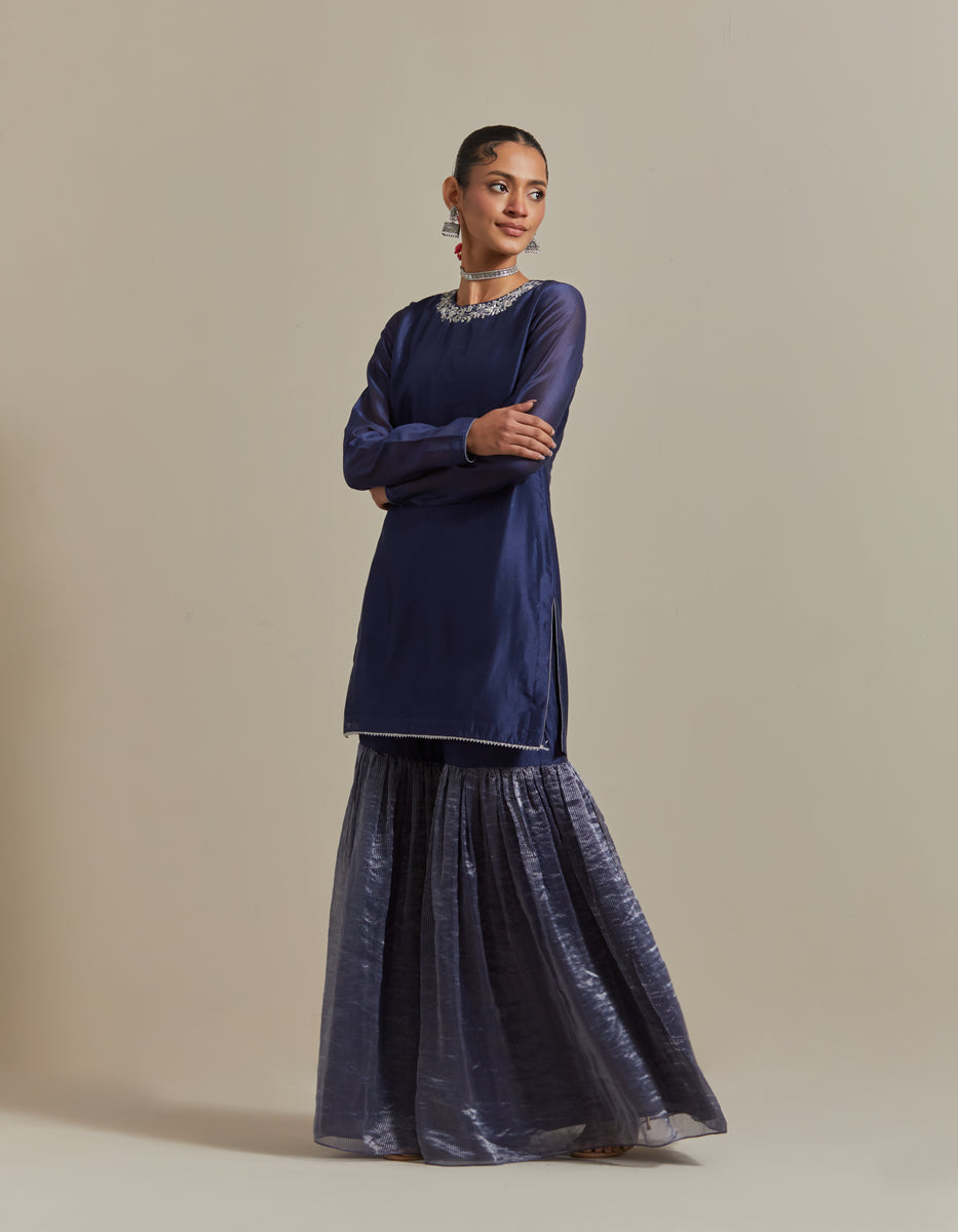 CY Embroidered Blue Chanderi Kurta Set Front 2