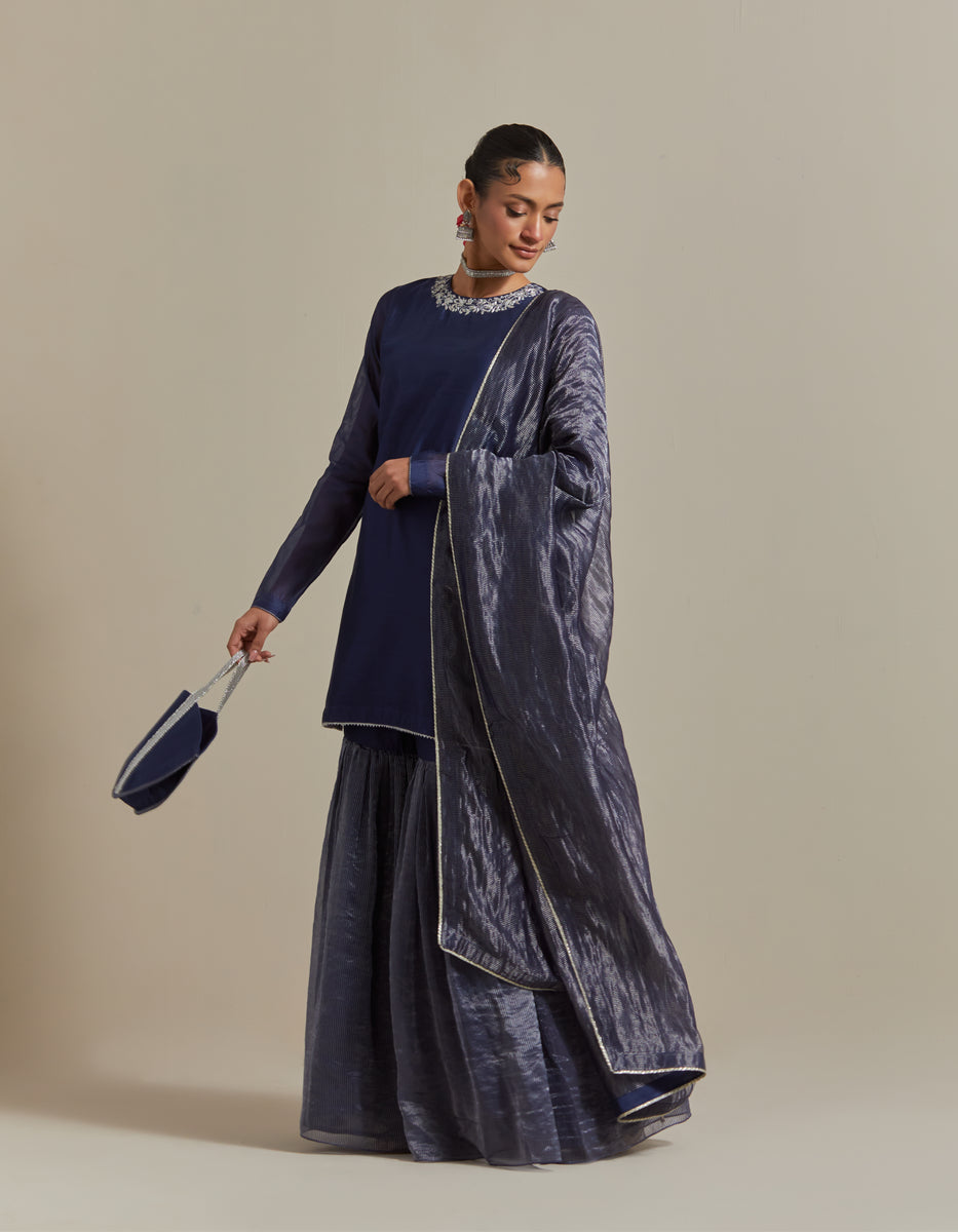 CY Embroidered Blue Chanderi Kurta Set Front 1