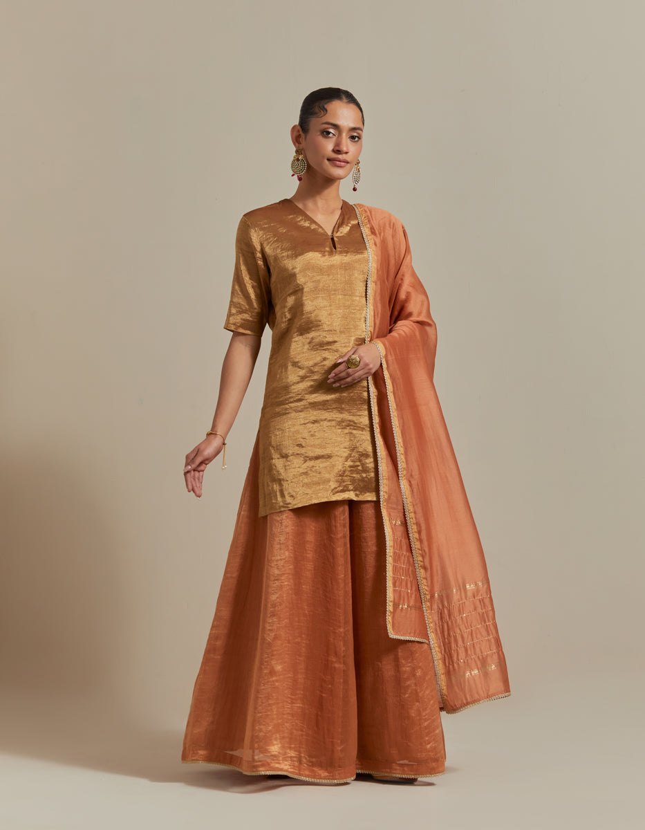 CY Vinusto Gold Zari Silk Kurta With Stipe Sharara Front 1