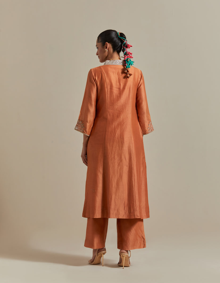 CY Vinusto Saffron Brown Chanderi Kurta Set Back 1