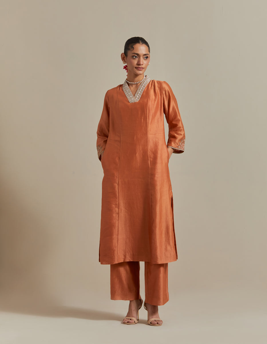 CY Vinusto Saffron Brown Chanderi Kurta Set Front 2