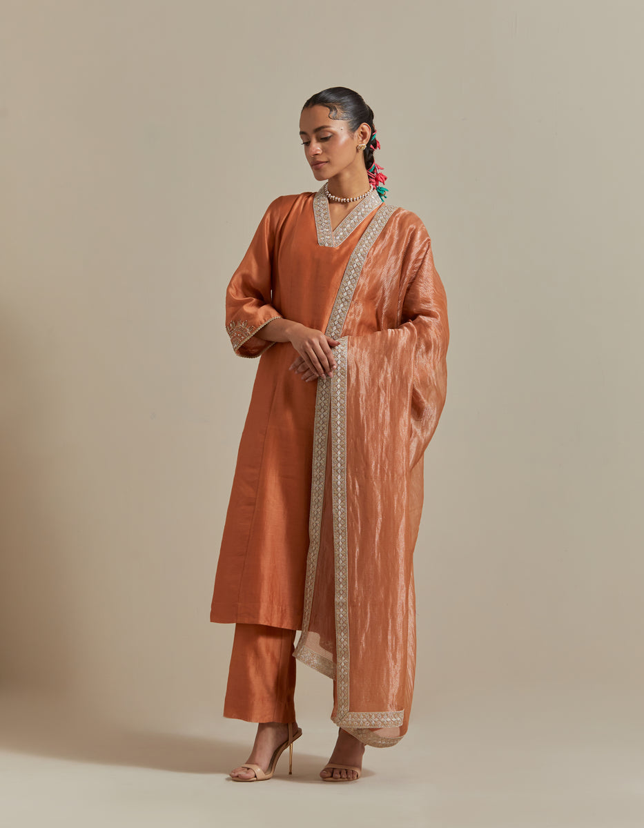 CY Vinusto Saffron Brown Chanderi Kurta Set Front 1