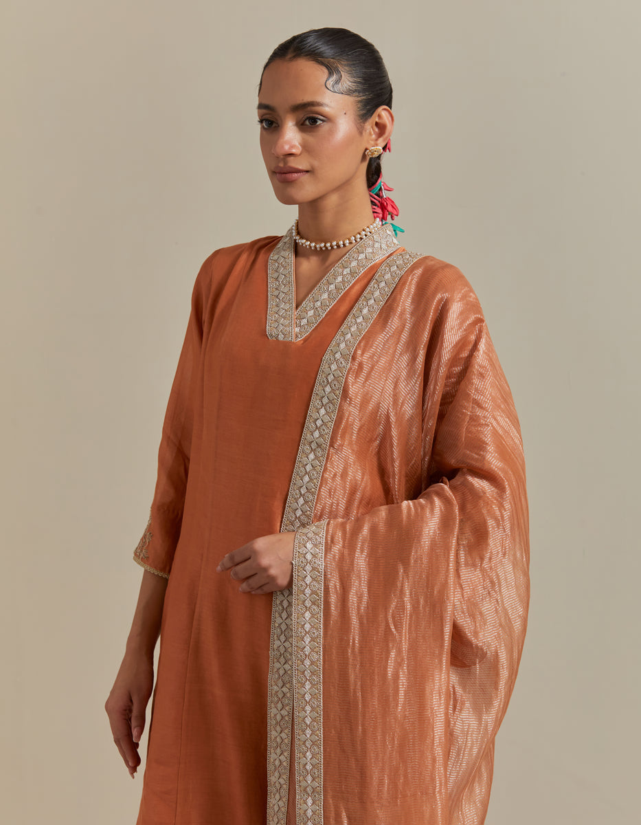 CY Vinusto Saffron Brown Chanderi Kurta Set Closeup 1