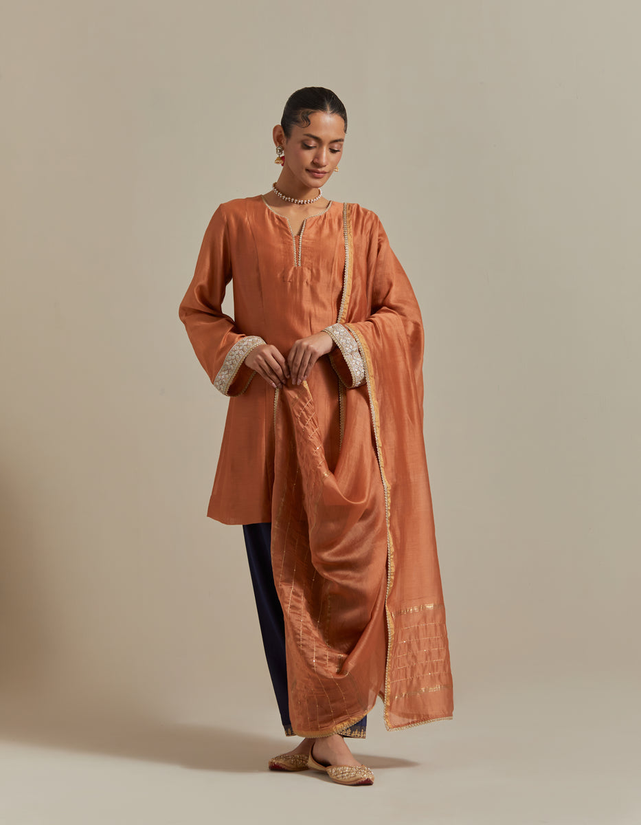 CY Vinusto Saffron Brown Kurta With Blue Salwar Front 1