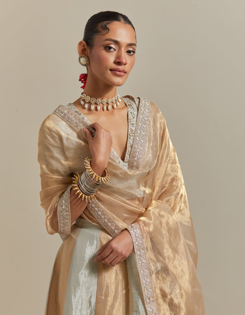 CY Vinusto Silver & Gold Silk Skirt Set Closeup 1