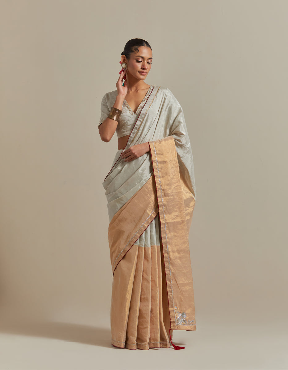 CY Vinusto Embroidered Gold & Silver Silk Saree Front 1