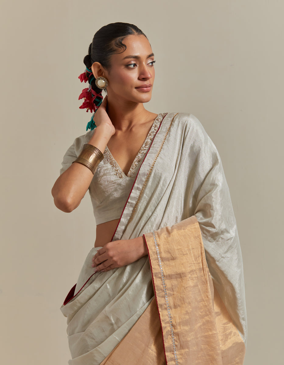 CY Vinusto Embroidered Gold & Silver Silk Saree Closeup 1