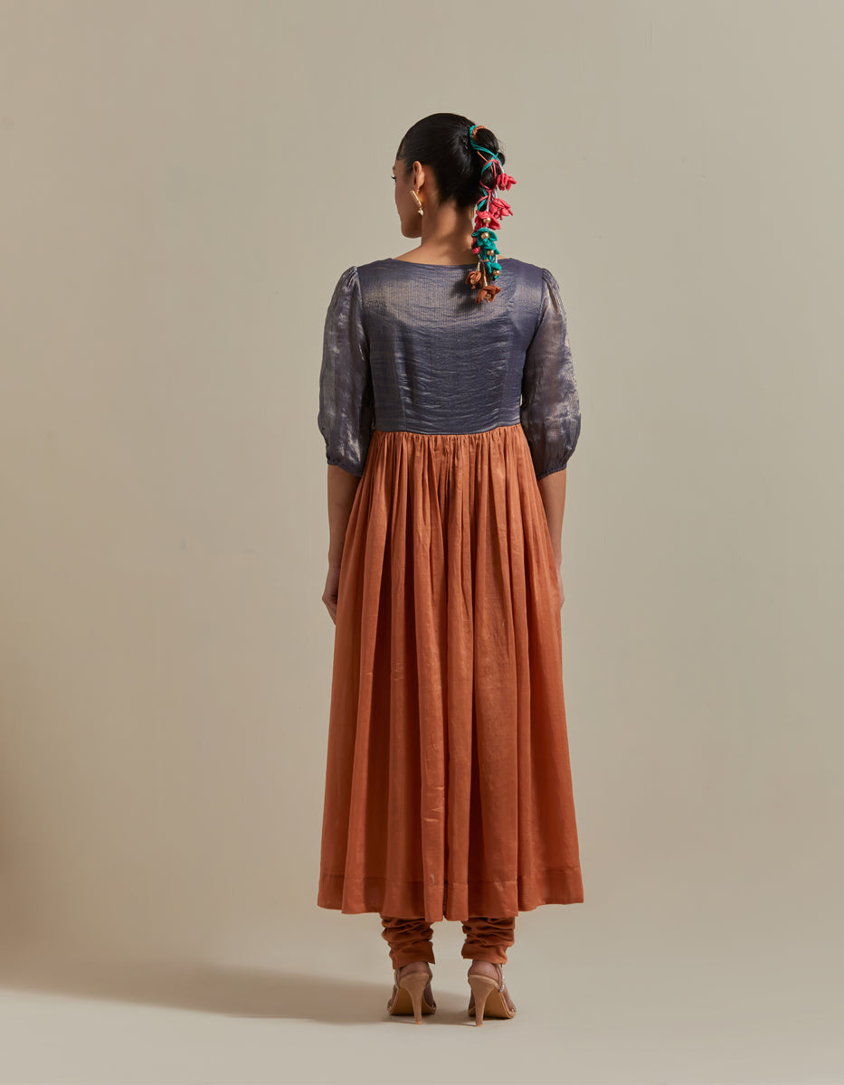 CY Vinusto Blue & Saffron Brown Embroidered Anarkali Set Back 1