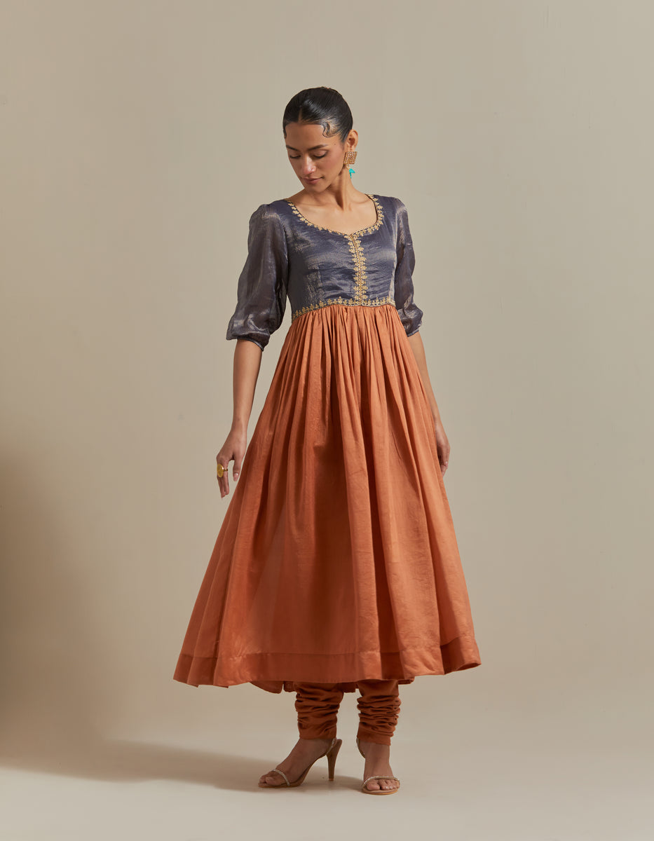 CY Vinusto Blue & Saffron Brown Embroidered Anarkali Set Front 2