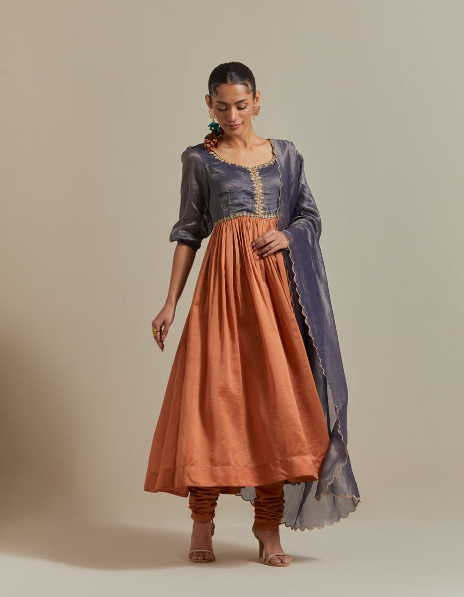 CY Vinusto Blue & Saffron Brown Embroidered Anarkali Set Front 1